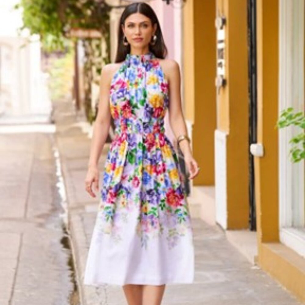 Boston Proper Garden Of Romance Print Mock Neck Midi Fit & Flare Dress  12 NWT